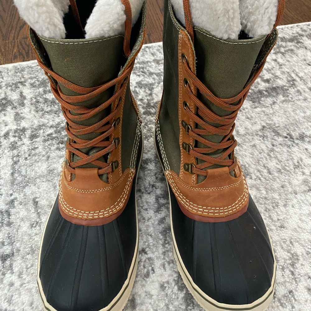 L.L. Bean Green and Brown Duck Boots with Fur Lining